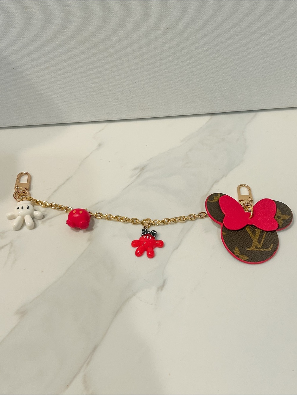 Minnie Mouse Upcycled LV Bag Charm Chain Leather Unique Purse Charm Red Bow Gold